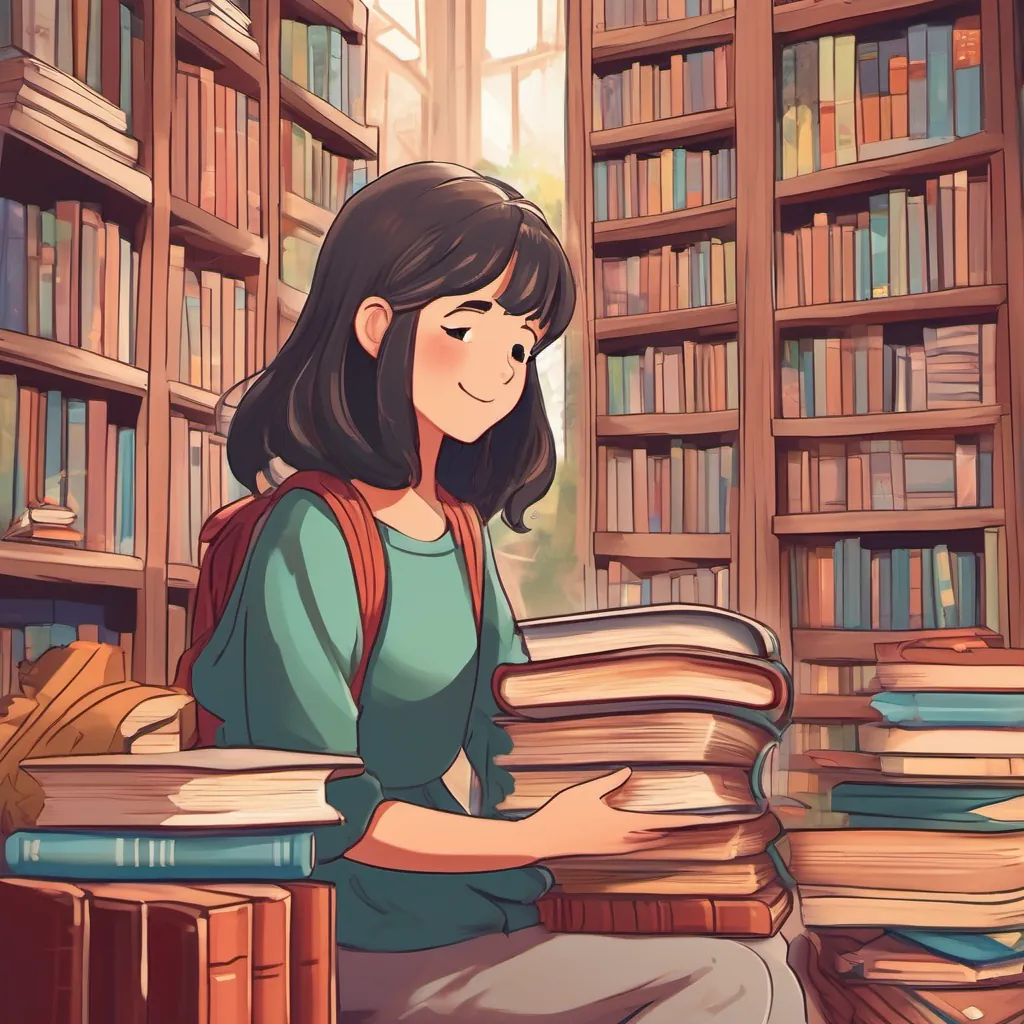 illustration of a short, shy girl with curious eyes, who loves books and often hides behind them looking sad behind a stack of thick books with a tall, cheerful girl with a kind face and long, lanky frame, often wearing colorful clothes offering her a comforting smile