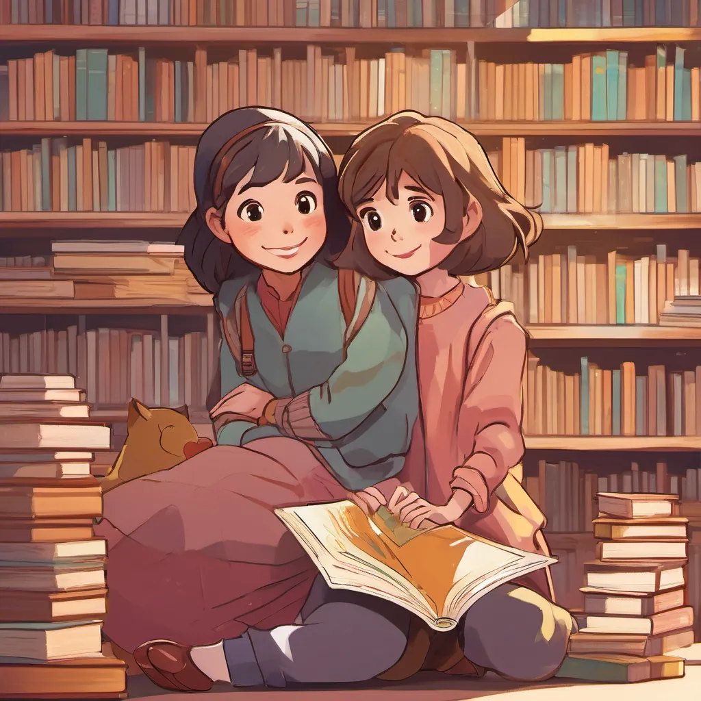 illustration of a tall, cheerful girl with a kind face and long, lanky frame, often wearing colorful clothes kneeling down to hold a short, shy girl with curious eyes, who loves books and often hides behind them’s hand while sharing a comforting smile