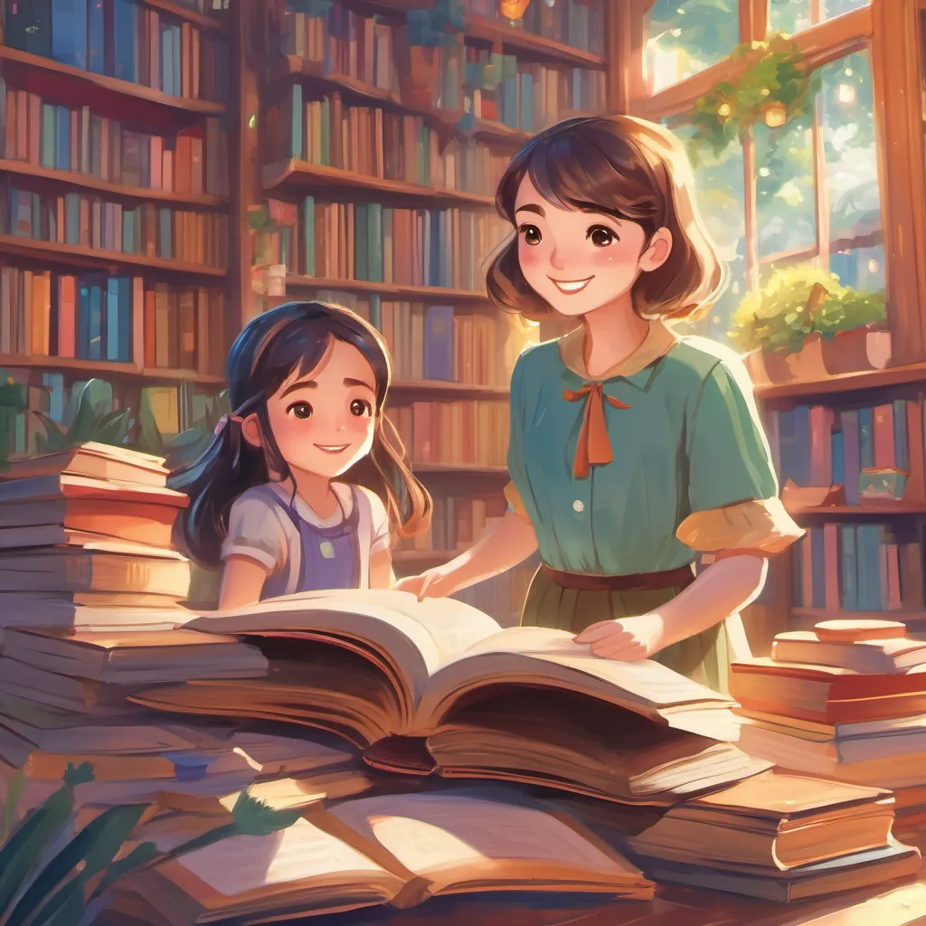 illustration of a short, shy girl with curious eyes, who loves books and often hides behind them looking happy and bright with a tall, cheerful girl with a kind face and long, lanky frame, often wearing colorful clothes smiling beside her, surrounded by a glowing and uplifting atmosphere
