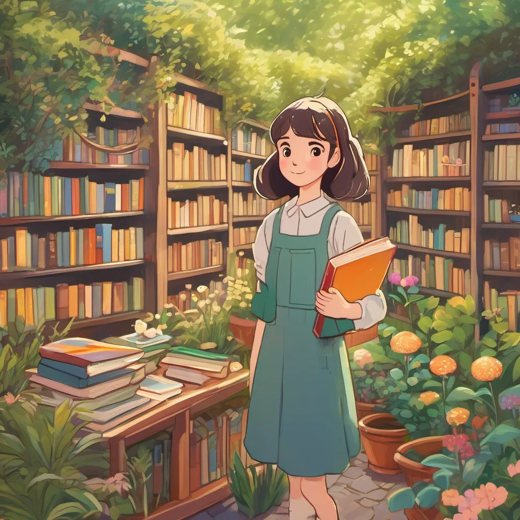 illustration of a garden where toys and books grow like flowers, with a tall, cheerful girl with a kind face and long, lanky frame, often wearing colorful clothes and a short, shy girl with curious eyes, who loves books and often hides behind them walking hand in hand