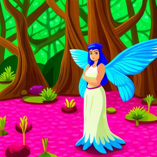 A colorful forest with a beautiful Yakshini named Yakshini with pink wings and a blue dress