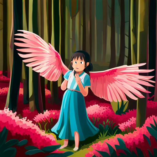 little girl who got lost in the forest calling for help and Yakshini with pink wings and a blue dress listening