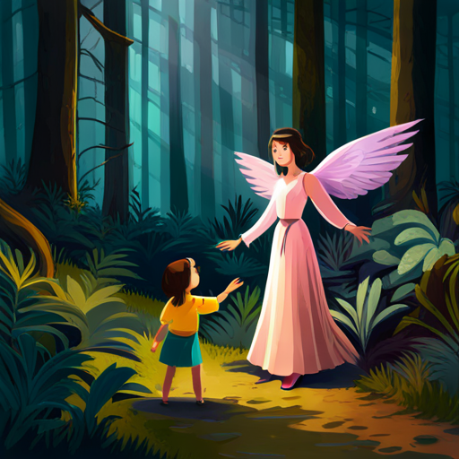 Yakshini with pink wings and a blue dress appearing before little girl who got lost in the forest, ready to help