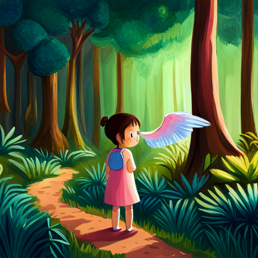 little girl who got lost in the forest telling Yakshini with pink wings and a blue dress she wants to go home