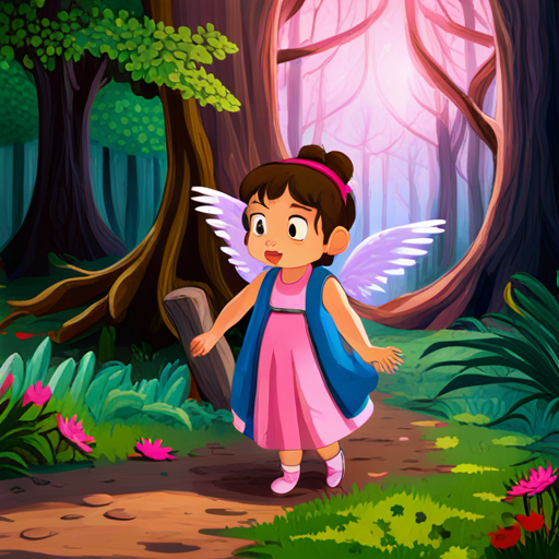 Yakshini with pink wings and a blue dress creating a magical path for little girl who got lost in the forest