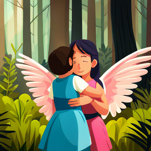 little girl who got lost in the forest hugging Yakshini with pink wings and a blue dress, filled with gratitude