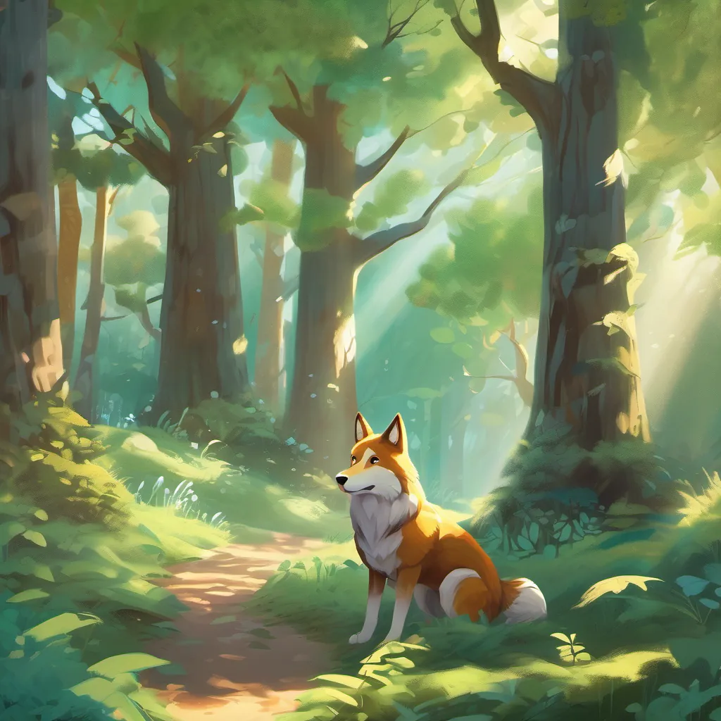 A whimsical forest with sunbeams and a charming wolf with a fluffy coat amidst the trees