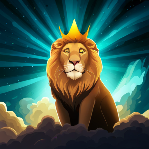 Golden-maned lion with a regal crown, exuding confidence with a crown standing on a rocket