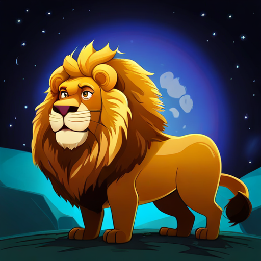 Golden-maned lion with a regal crown, exuding confidence building his kingdom with moon rocks and dust