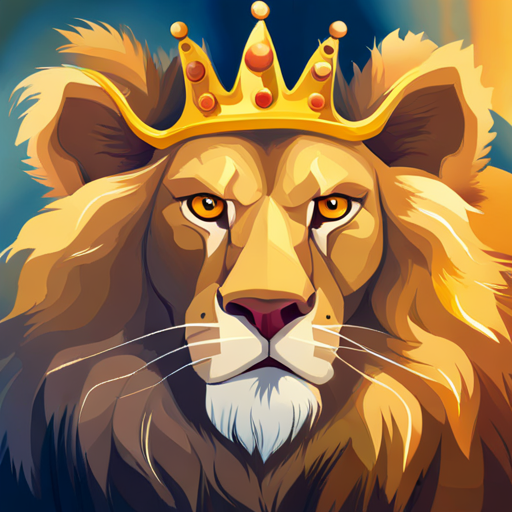 Golden-maned lion with a regal crown, exuding confidence leading the animals with confidence