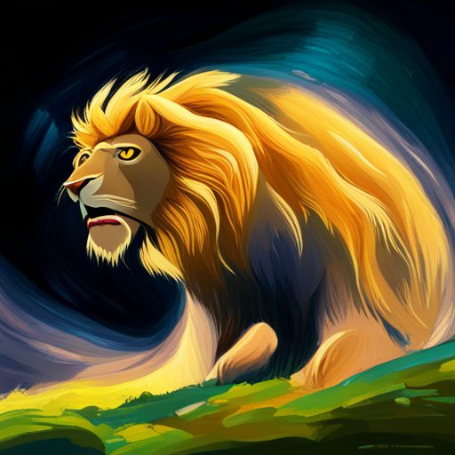 Golden-maned lion with a regal crown, exuding confidence and other animals working together to divert asteroid
