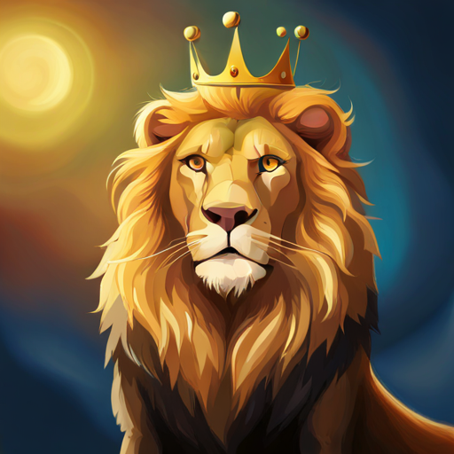 Golden-maned lion with a regal crown, exuding confidence standing tall with the animals looking up to him
