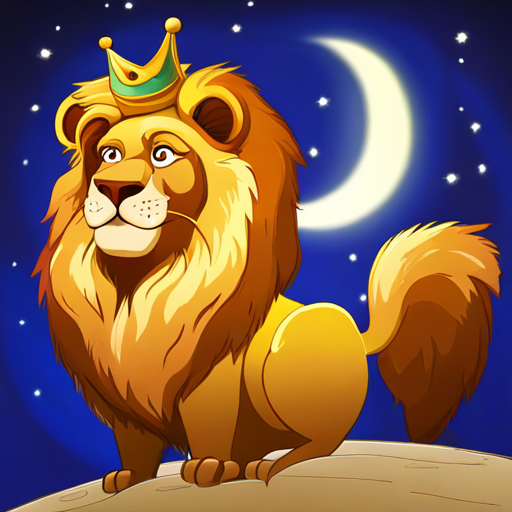 Golden-maned lion with a regal crown, exuding confidence's kingdom glowing on the moon
