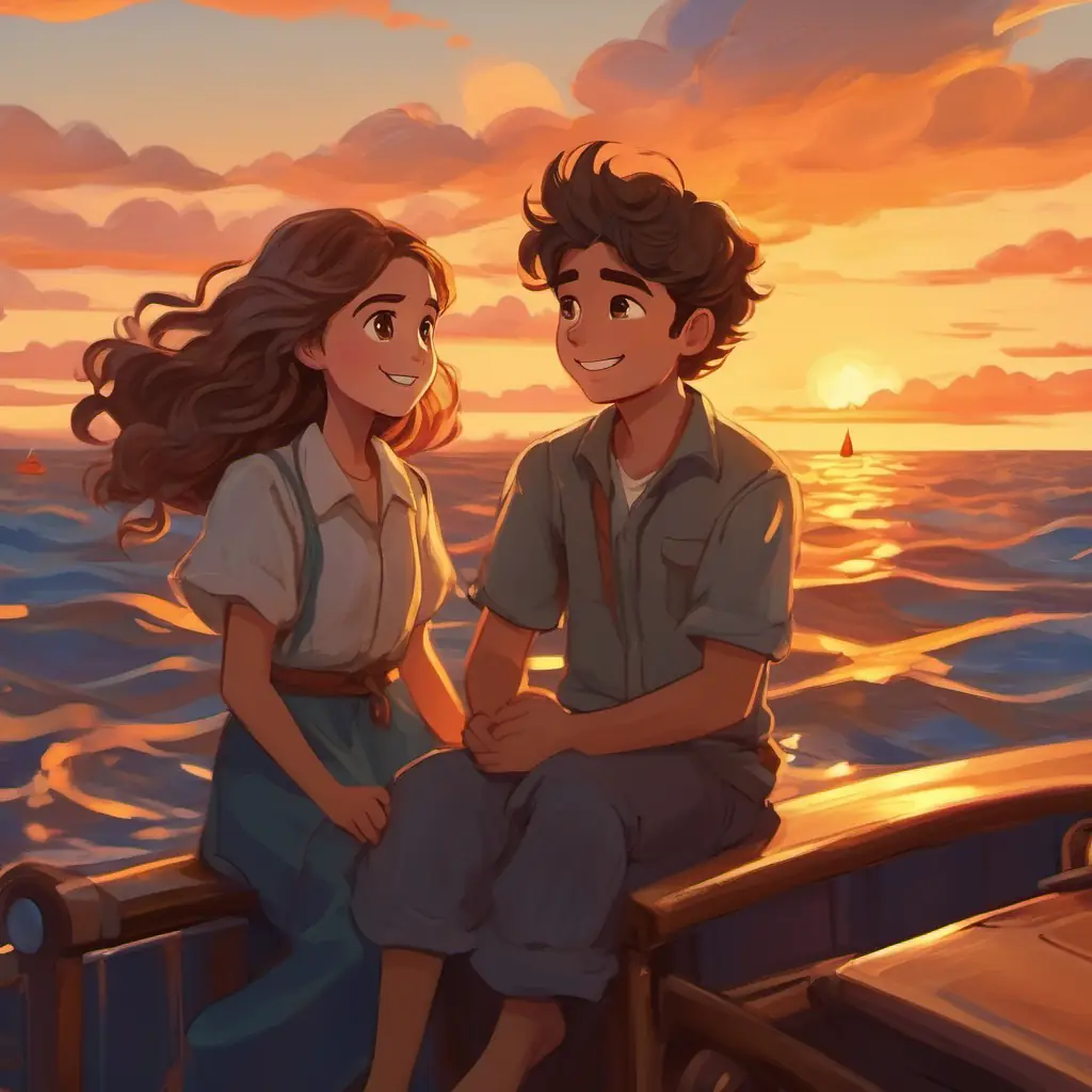 A girl with long, wavy hair and big brown eyes and Boy with short, sandy hair and a wide, friendly smile adrift at sea during sunset.