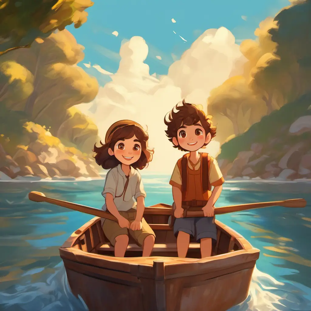 Introducing A girl with long, wavy hair and big brown eyes and Boy with short, sandy hair and a wide, friendly smile in the boat.