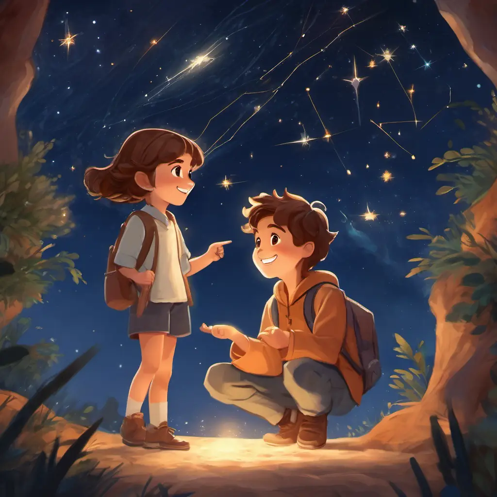 Boy with short, sandy hair and a wide, friendly smile points out constellations to A girl with long, wavy hair and big brown eyes.