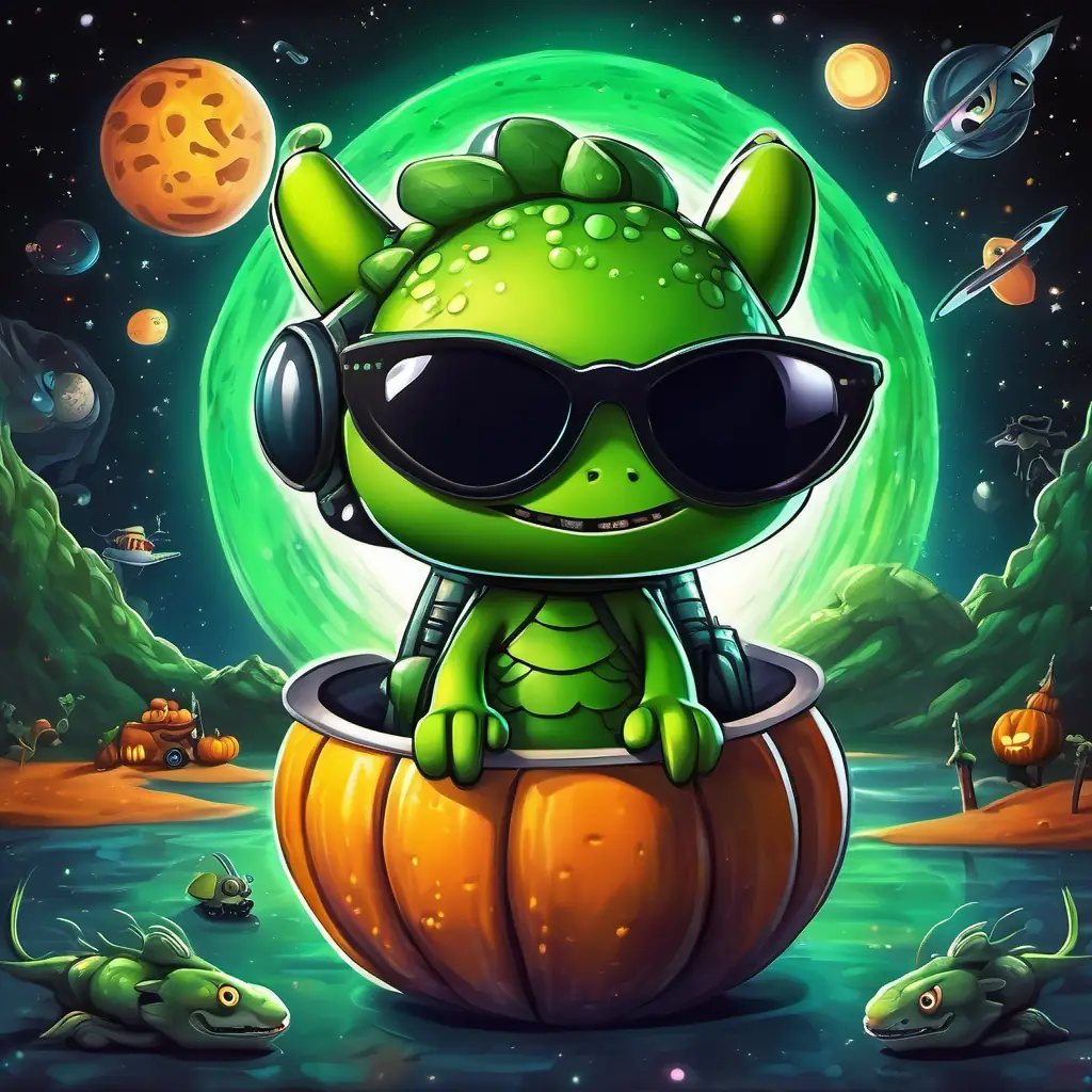 Darcy is inside the spaceship with the alien friends, exploring different planets in the galaxy.