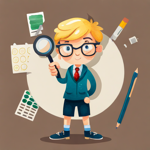 Curious boy with blonde hair, glasses, and detective tools with notebook and magnifying glass, determined look