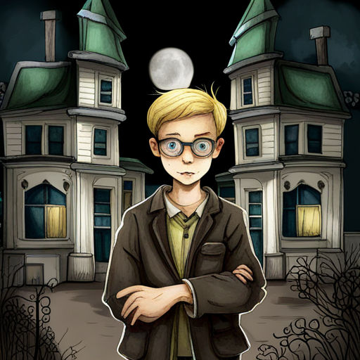 Curious boy with blonde hair, glasses, and detective tools standing in front of the haunted house