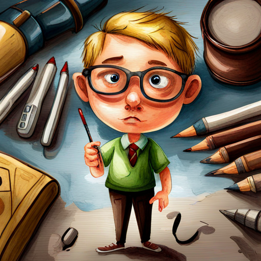 Curious boy with blonde hair, glasses, and detective tools following footprints, looking surprised
