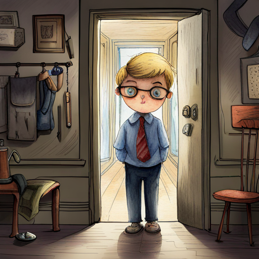 Curious boy with blonde hair, glasses, and detective tools entering secret room, wide-eyed