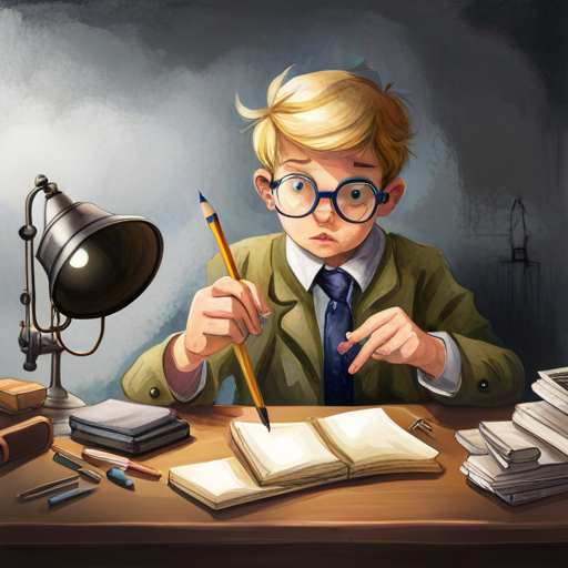 Curious boy with blonde hair, glasses, and detective tools looking at objects, taking notes