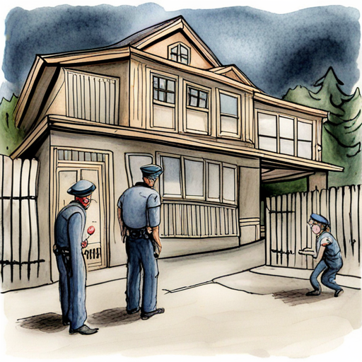 Police catching the tricksters, haunted house sign with 'CLOSED'