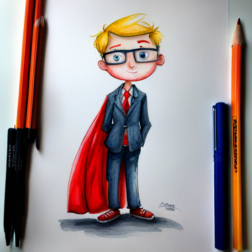 Curious boy with blonde hair, glasses, and detective tools with a cape, standing tall and proud