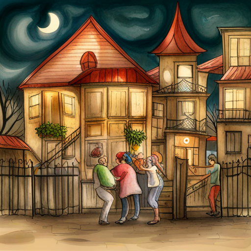 Town throwing party at the haunted house, people laughing and having fun