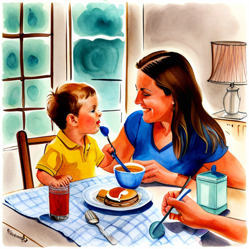 Tommy enjoying his first bite of pancakes, mom smiling at him