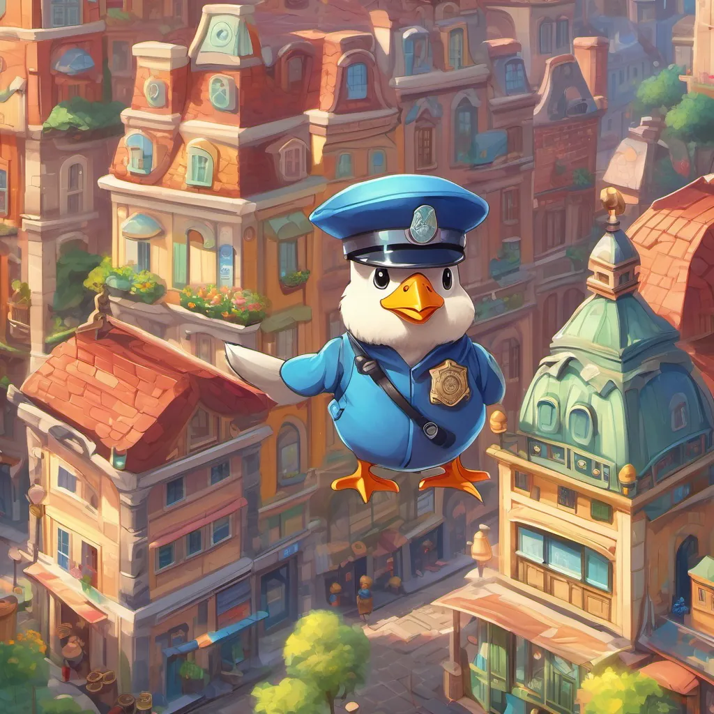 A colorful city with a small, cheerful chick wearing a blue police hat and a shiny badge.