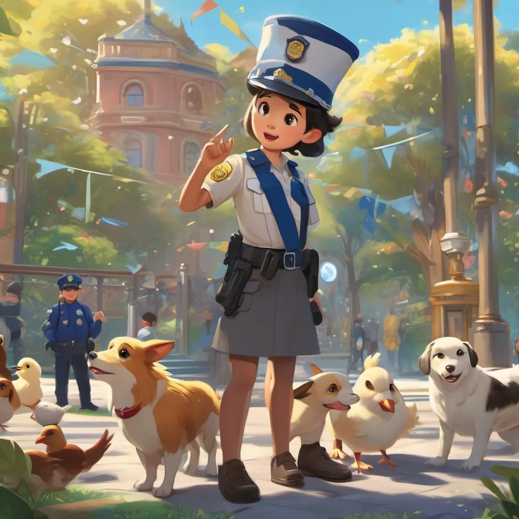A vibrant park scene with worried dogs barking loudly, and A small, cheerful chick wearing a blue police hat and a shiny badge the chick with a concerned expression.
