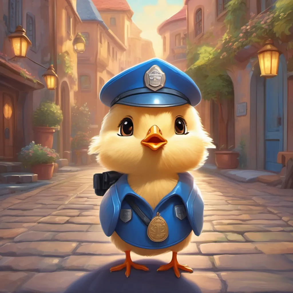 Closing scene with A small, cheerful chick wearing a blue police hat and a shiny badge standing heroically, encouraging children to be brave and kind with a warm glow.