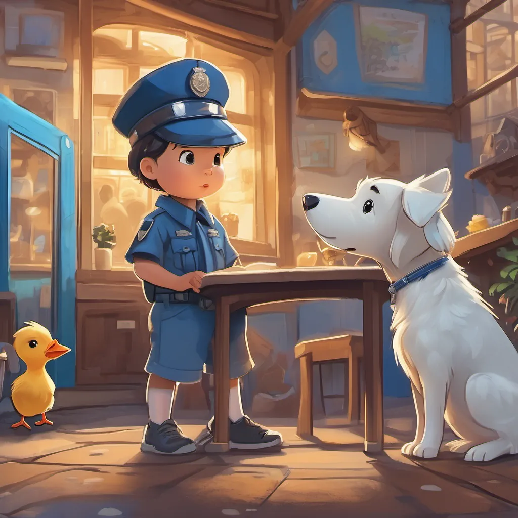 A small, cheerful chick wearing a blue police hat and a shiny badge the chick thinking deeply with thought bubbles showing 'pío pío,' and dogs barking in the background.