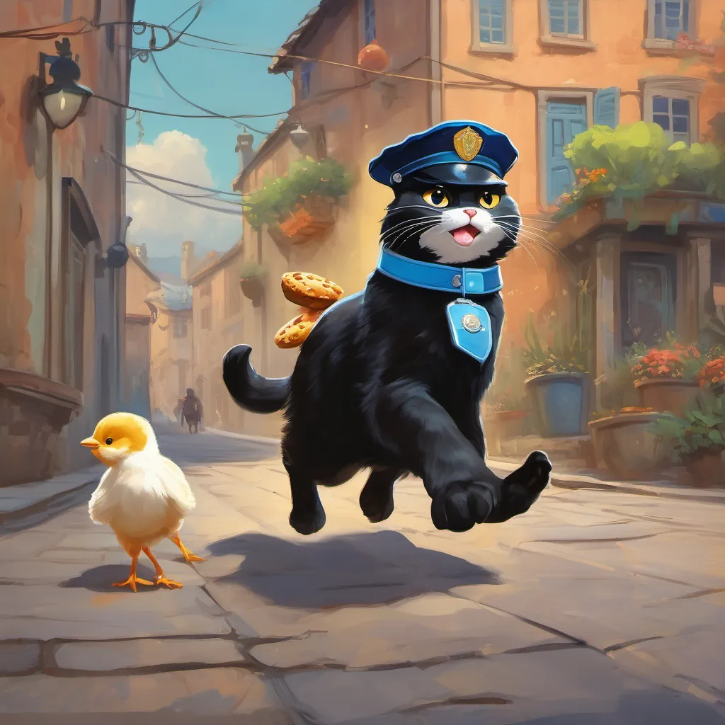 A big black cat with treats in his mouth being chased by determined A small, cheerful chick wearing a blue police hat and a shiny badge the chick, who's shouting.