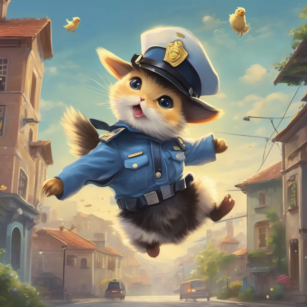 A small, cheerful chick wearing a blue police hat and a shiny badge the chick dramatically jumping and catching the mischievous black cat mid-air with a motion blur effect.