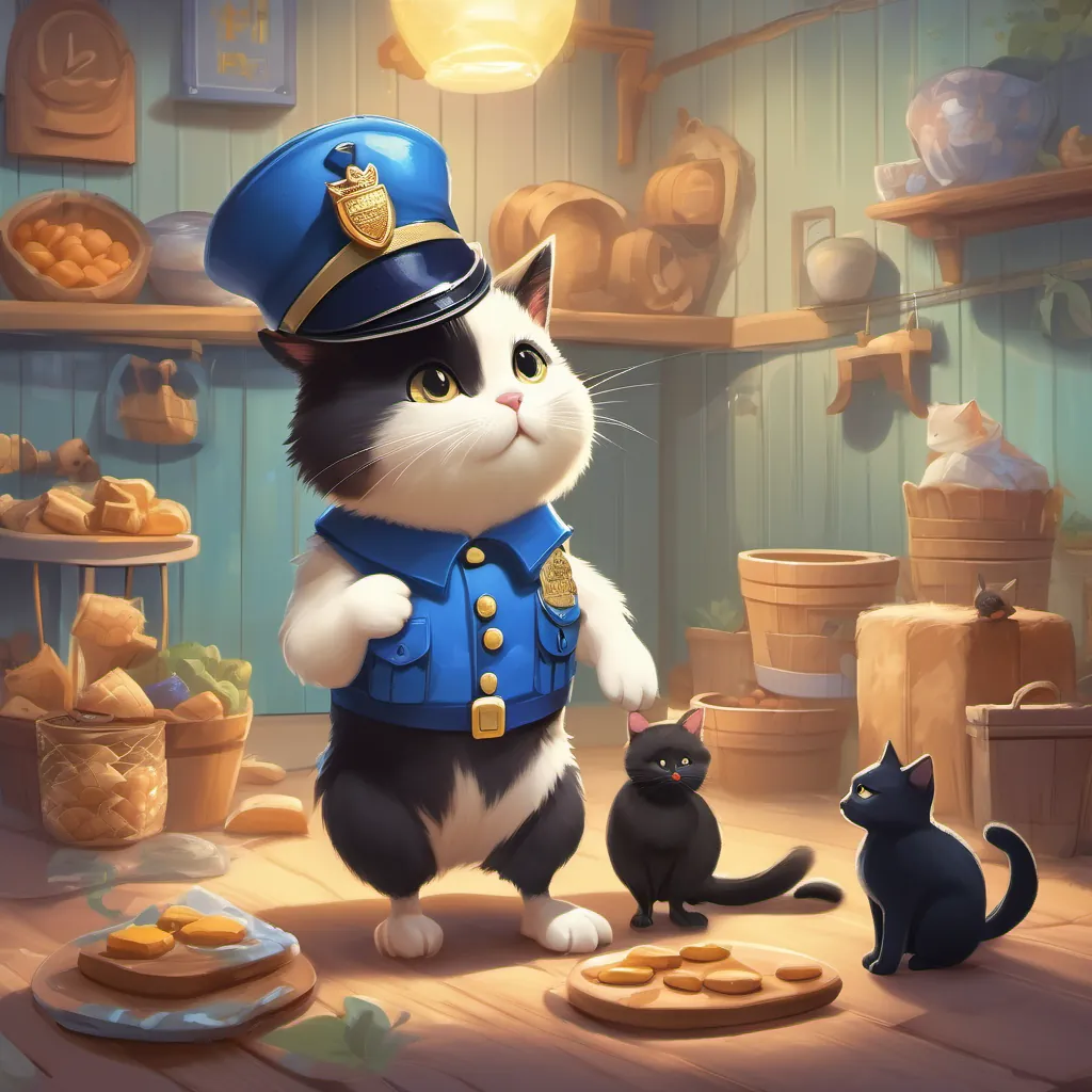 A small, cheerful chick wearing a blue police hat and a shiny badge standing proud and authoritative, while a remorseful black cat returns the treats to the dogs.