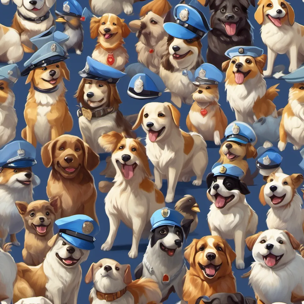 Dogs of various breeds happily singing and cheering, with A small, cheerful chick wearing a blue police hat and a shiny badge the chick looking modestly proud.