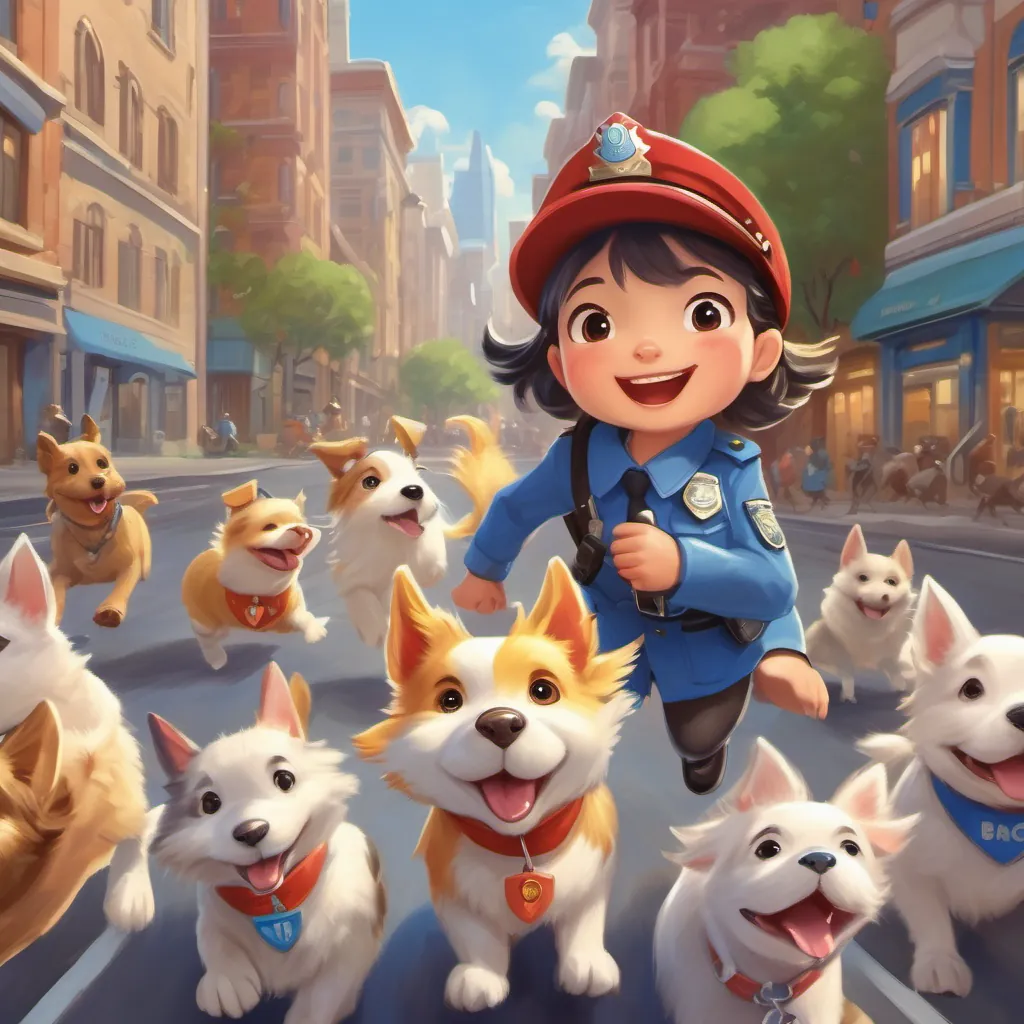 Picture of A small, cheerful chick wearing a blue police hat and a shiny badge patrolling the city, with happy dogs barking and cats meowing, showing a sense of community.