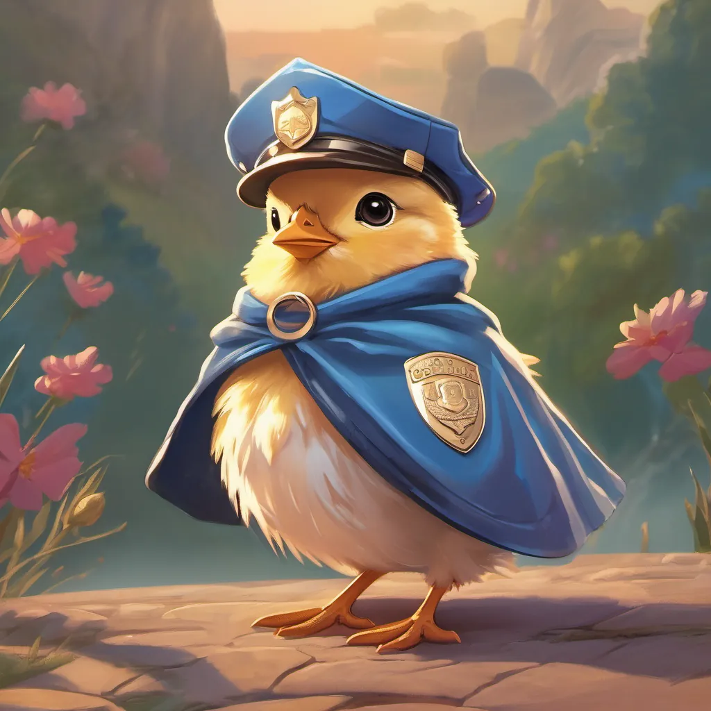 An illustration of A small, cheerful chick wearing a blue police hat and a shiny badge the chick with a sunset background, looking heroic with a flowing cape.