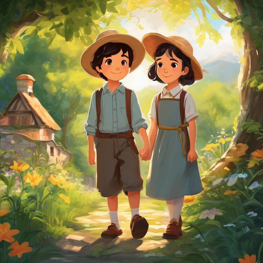 Once upon a time, in a peaceful little village, there lived two siblings named Lily and Max. Lily was a smart and kind-hearted girl, while Max was a mischievous yet lovable little boy. They were a beautiful pair of siblings who loved each other dearly. One sunny day, their parents decided to take them on a special adventure to the magical forest nearby. The siblings were very excited and couldn't wait to explore the wonders of the forest. Their parents guided them into the forest, cautioning them to stay close together and be patient.