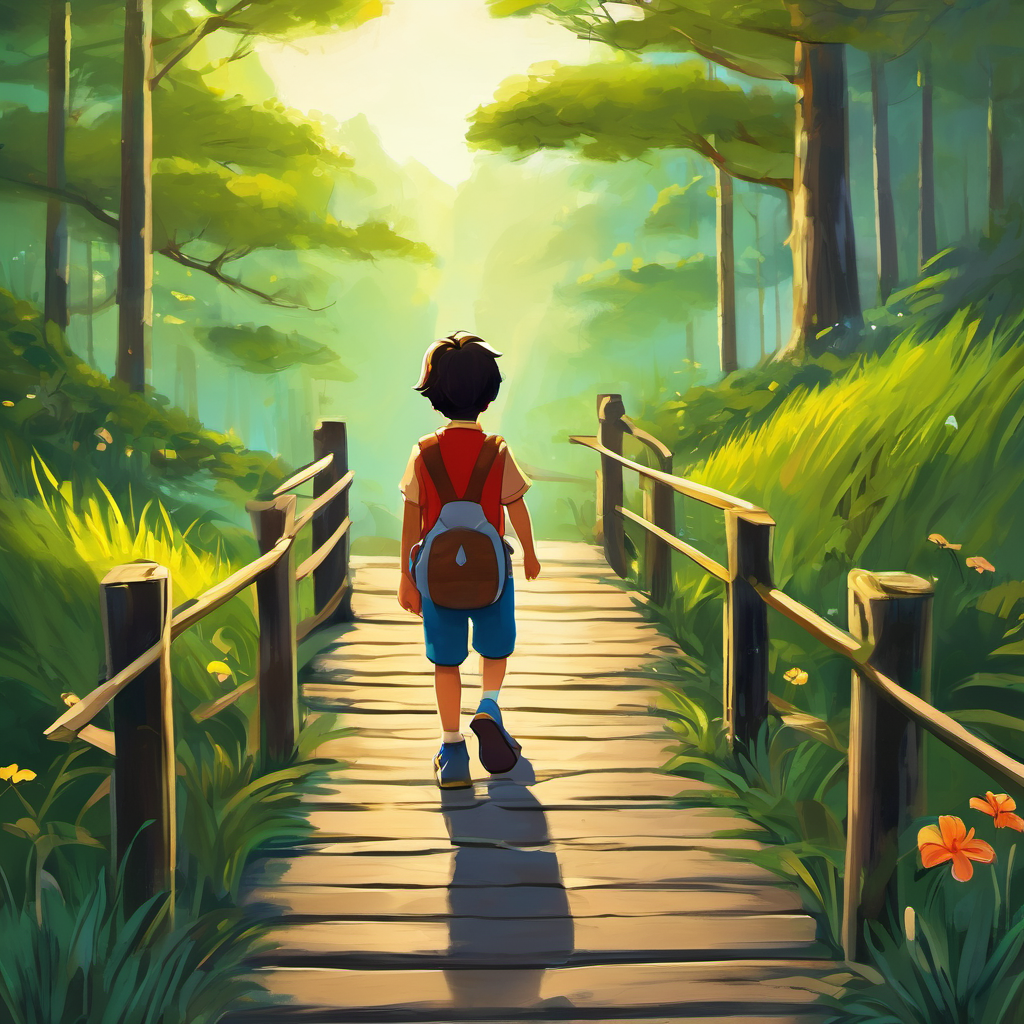 Max, however, wasn't able to sit still for long. He darted off ahead, chasing butterflies and giggling with delight. Lily stayed calm and waited for Max to finish his little adventure. She knew that patience was the key, and she had faith that Max would soon understand. Meanwhile, Max continued exploring on his own and stumbled upon an old wooden bridge. Despite being worn out, it looked sturdy enough to cross safely. He crossed the bridge without any worry and reached the other side. But when he looked back, he realized the bridge had disappeared! Max felt scared and didn't know what to do.