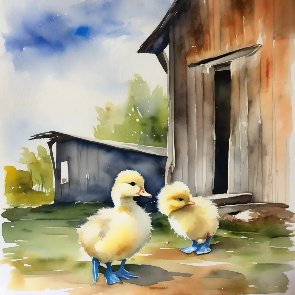 Introduction to the setting, the barn, and the young ugly A small, fluffy gray duckling with bright blue eyes.
