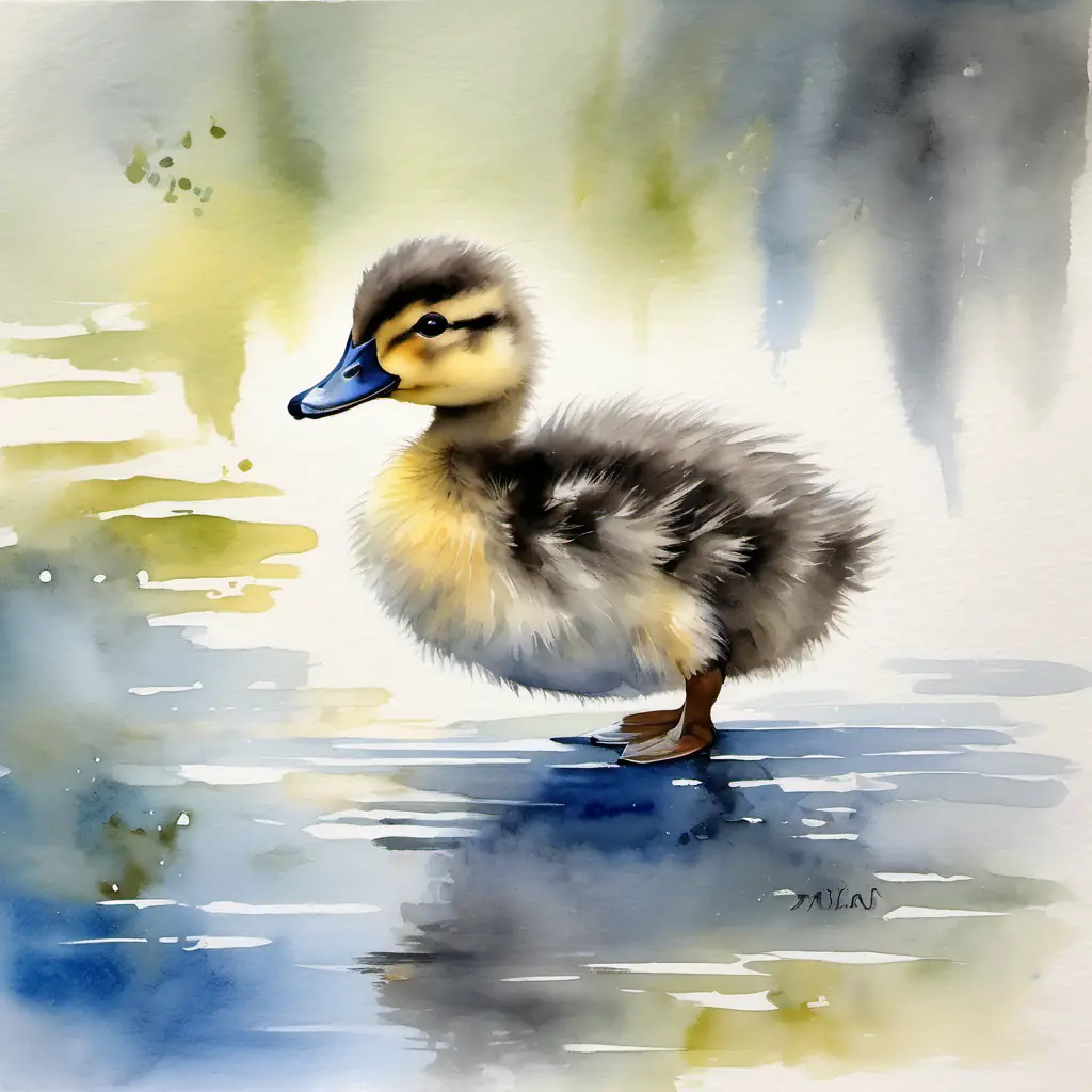The A small, fluffy gray duckling with bright blue eyes ends the story feeling proud and reflecting on the dance.