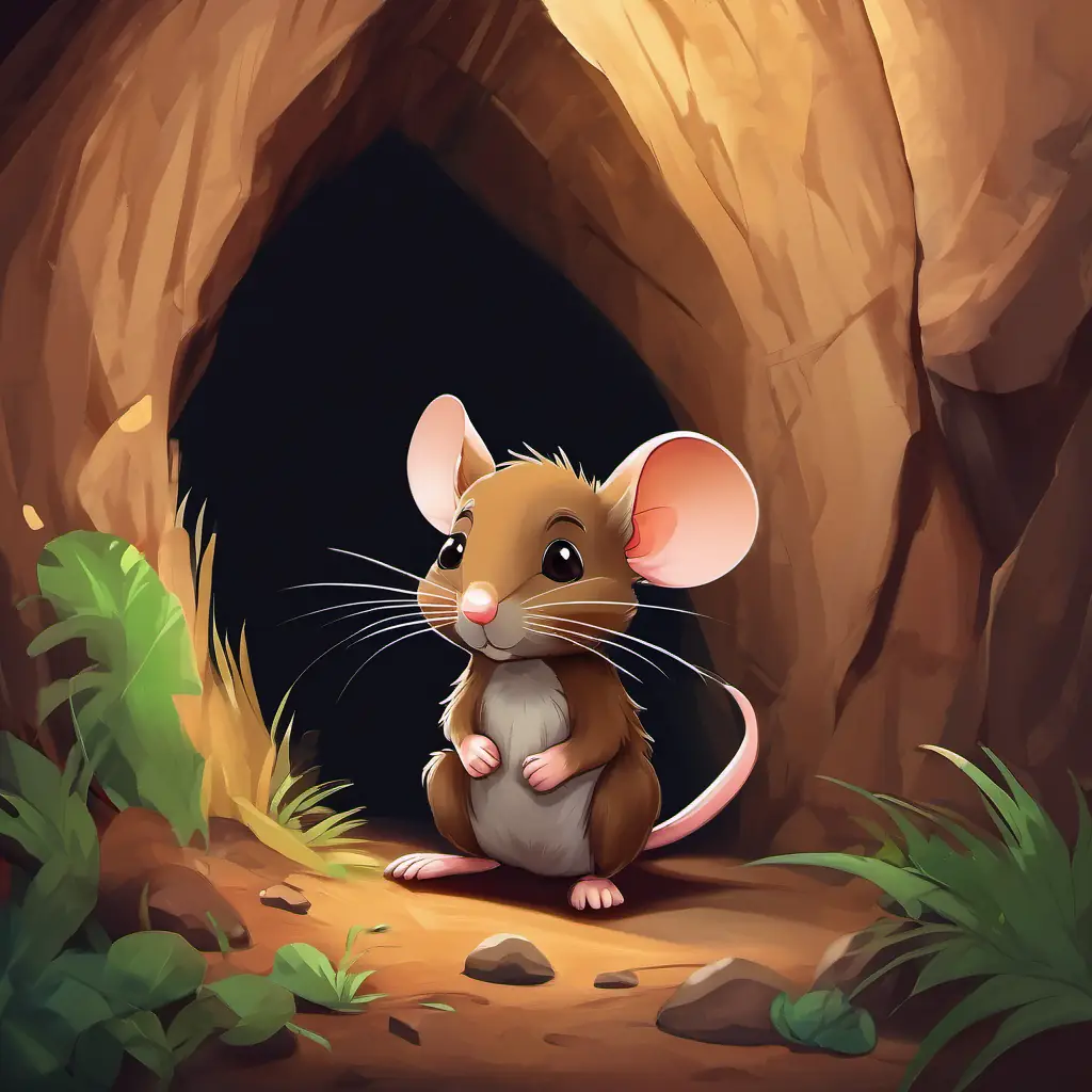 A small and brave mouse with brown fur and bright eyes sitting outside his hole, with a big cave beside him
