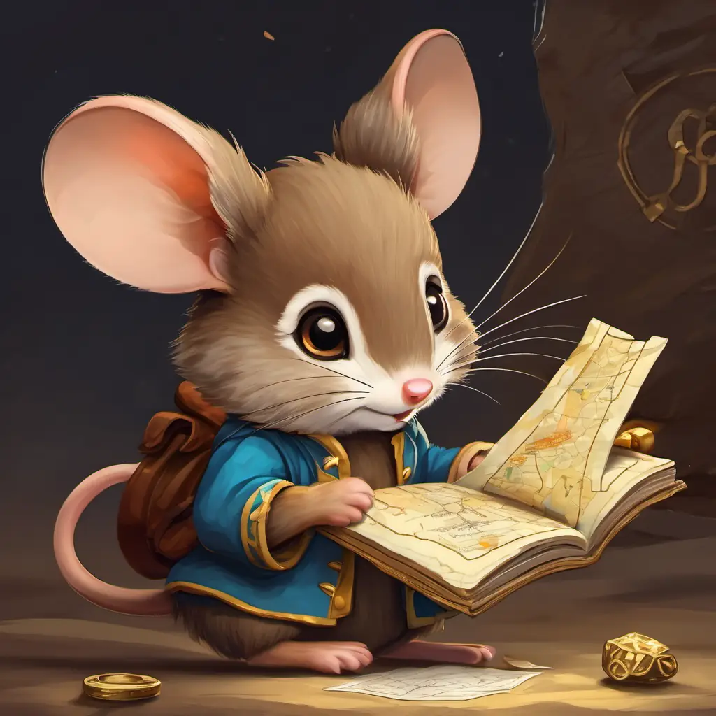 A small and brave mouse with brown fur and bright eyes holding a treasure map, pondering over it