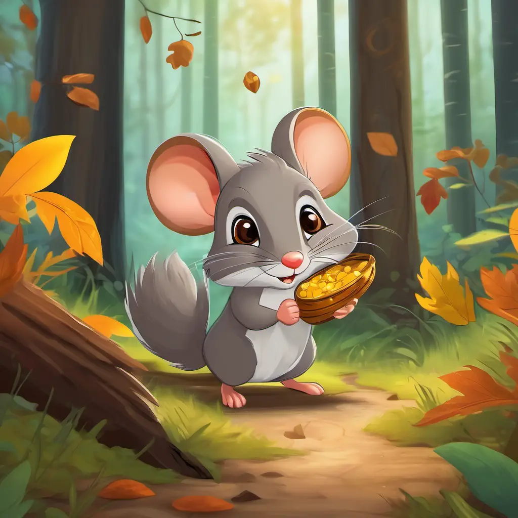 A small and brave mouse with brown fur and bright eyes and An energetic squirrel with fluffy gray fur and lively eyes searching for treasure in the woods