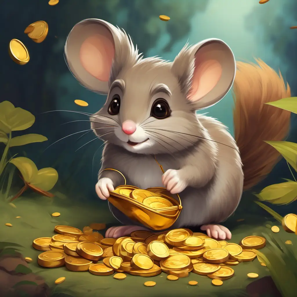 A small and brave mouse with brown fur and bright eyes and An energetic squirrel with fluffy gray fur and lively eyes digging up a chest filled with gold coins