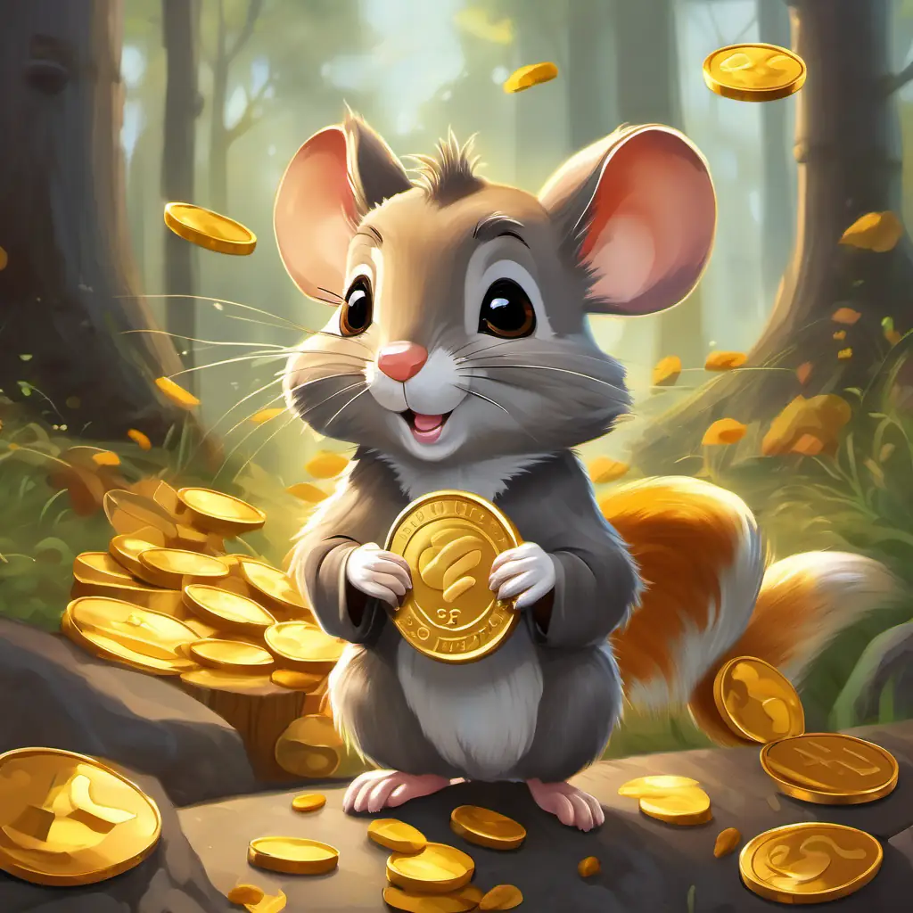 A small and brave mouse with brown fur and bright eyes and An energetic squirrel with fluffy gray fur and lively eyes giving gold coins to their friends
