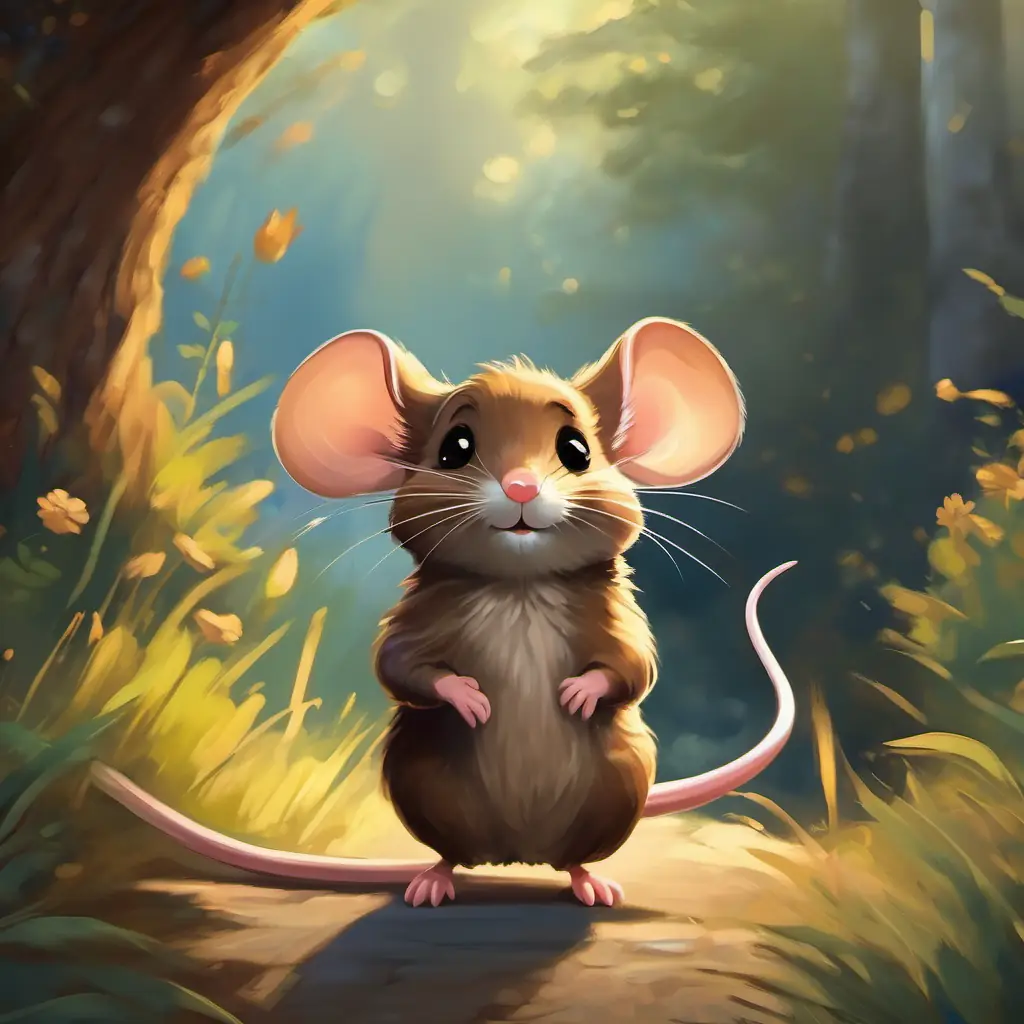 A small and brave mouse with brown fur and bright eyes waving goodbye to his friends, feeling proud and happy